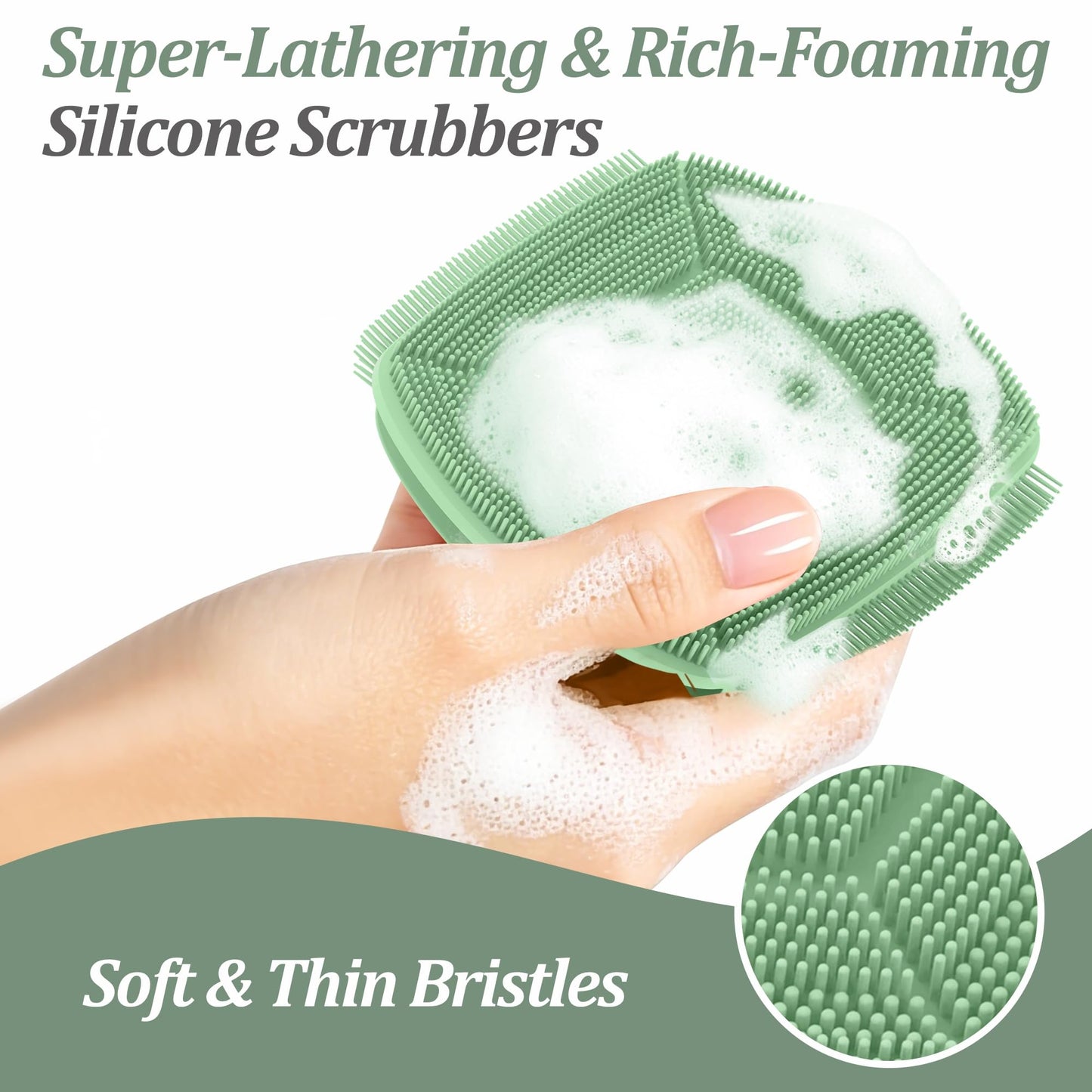 GEENOA Silicone Back & Face Scrubber & Bath Glove Set 3PCS, 13.4'' Gentle Back Scrubber with Dual-Side Head, 360° Anti-Slip Bath Glove, Unique Side-bristled Face Scrubber for All-round Cleaning(Green)