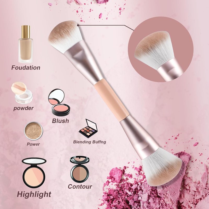 Skiennix Dual Ended Makeup Brush - 2-in-1 Angled Face Sculpting & Fluffy Blush Brush | Premium Synthetic Bristles, Travel-Friendly (Rose Gold)