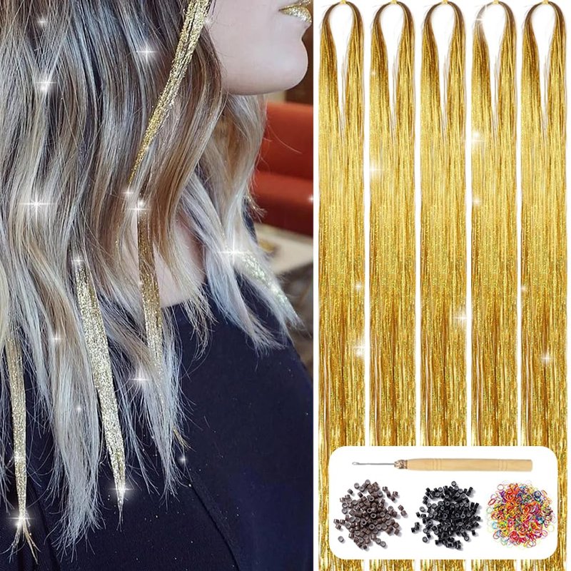 Hair Tinsel Kit, Fairy Hair Tinsel with Tools 48 Inch Hair Tinsel Heat Resistant Glitter Tinsel Hair Extensions