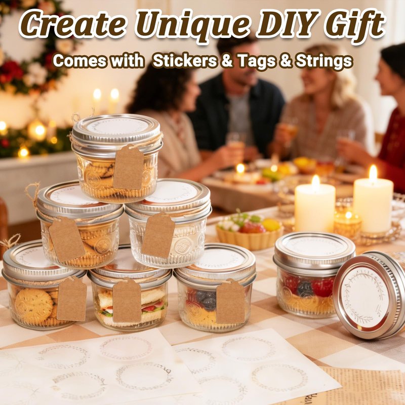 Alotpower 4 oz Glass Mason Jars with Embossed Pattern 24 Pack, Small Canning Jars with Airtight Lids, Mini Glass jars for Jams, Jelly, Honey, Spices,Desserts,Wedding Favors and Gift Packaging