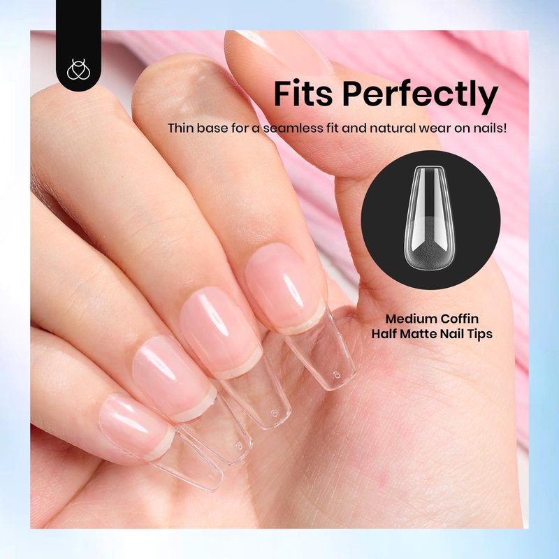 Beetles Gel Nail Tips 288 Pcs Medium Coffin Etch X Nail Tips 12 Sizes Half Matte Press On Nails Full Cover False Nails for Nail Extensions Friendly for Beginner Women