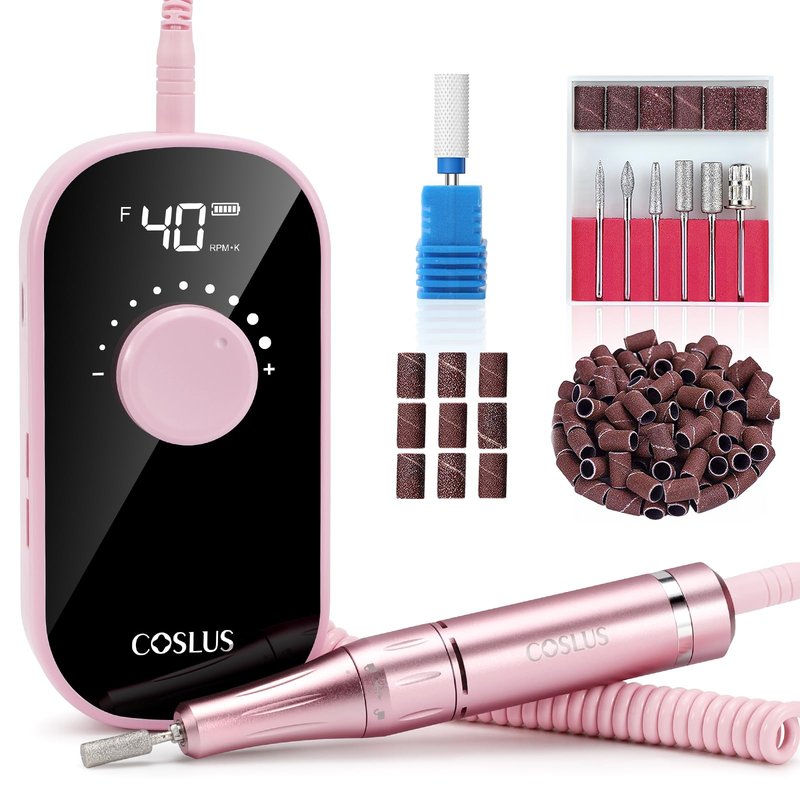 COSLUS Professional Rechargeable Electric Nail Drill 40000 RPM, Portable Nail File with Storage Stand for Acrylic Gel Polishing Removing - Easy to Use for Women, Manicure at Home DIY or Salon, Pink