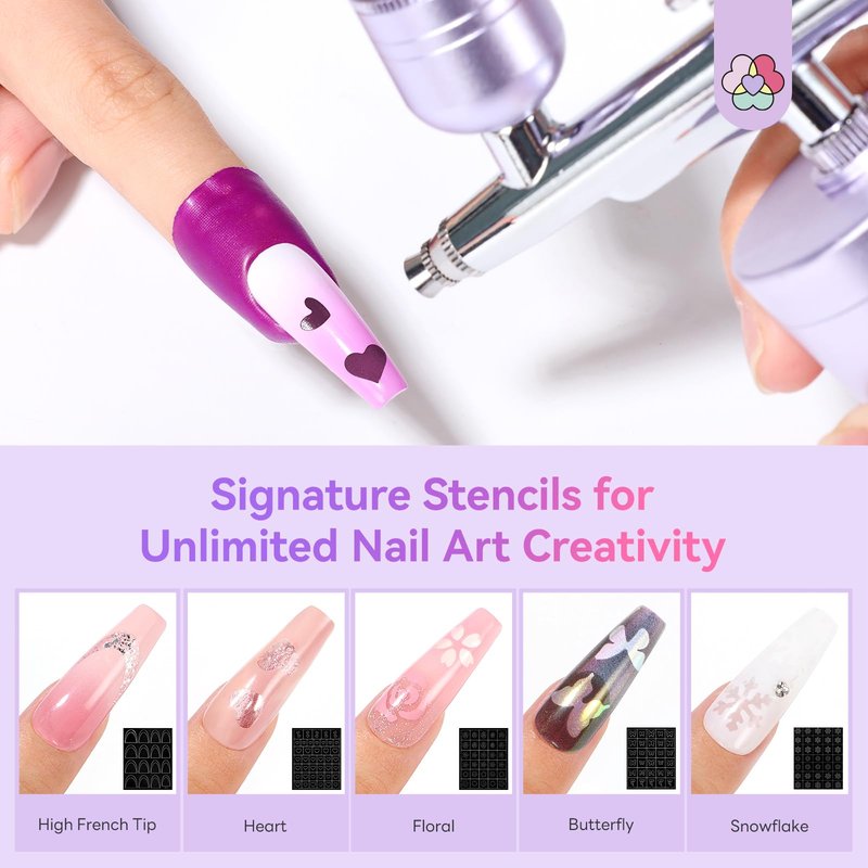 SAVILAND 7-in-1 Pro Airbrush Set: 6PSC Pink Airbrush Gel Nail Polish & Airbrush for Nails & Airbrush Cleaner & Airbrush Stencils & Protector for Fingers & Masks and Gloves Instant Nail Art