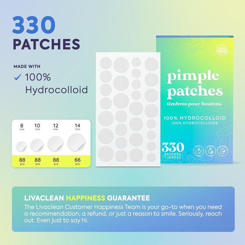 LivaClean Pimple Patches - Hydrocolloid Acne Dots for Face | 330 CT, Four Sizes, Invisible Blemish Stickers