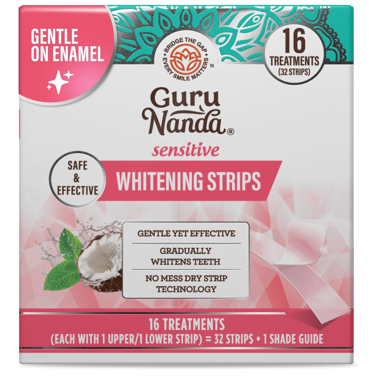 GuruNanda Sensitive Teeth Whitening Strips—16-Day Treatment, Gentle on Teeth Formula, Non-Slip, Dry Strip Technology, Whitening Designed with Care for a Brighter Smile
