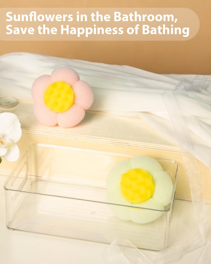 2 Pcs Bath Sponge, 2026 Upgrade Super Soft Yellow Flower-Shaped Suction Cup Bath Sponge, Upgraded 2-in-1 Flower-Shaped Ball Exfoliating Bath loofah Cleaning Brush, Mesh Shower Body Sponge(2 Color