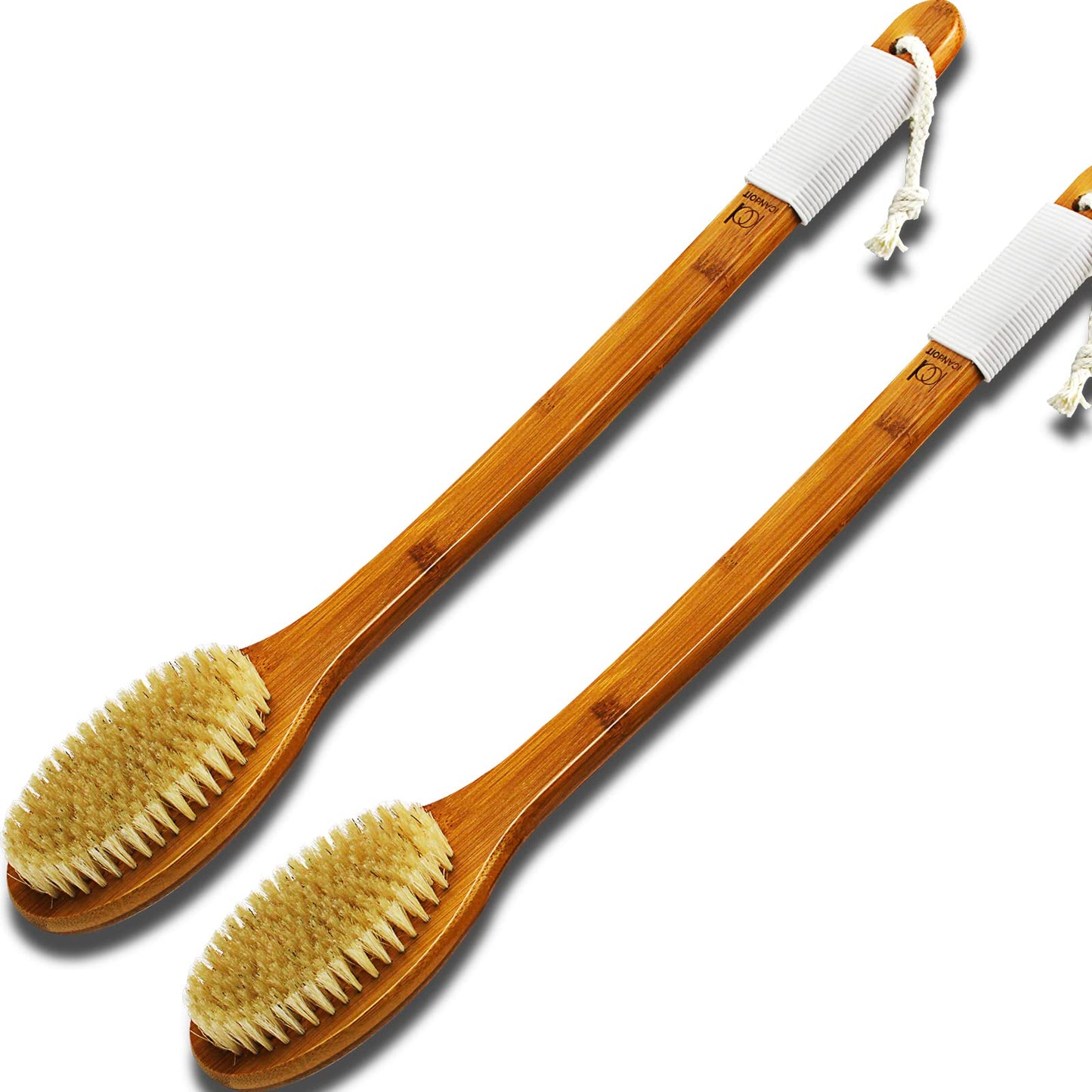 ICANdOIT-17.71Inch Natural Boar Bristles Anti-Slip Long Handle Bath Brush,Bent Handle Shower Scrubber for Exfoliating,Shower Back Brush,Exfoliation Set with Pumice Stone(2 Pack)
