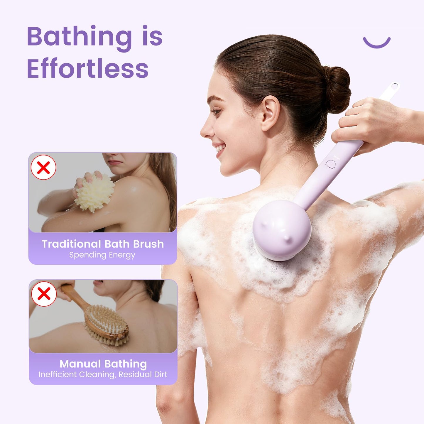 Oh,XIYU. Electric Back Scrubber for Shower Body Brush, Waterproof Shower Body Scrubber for Cleansing, Massaging, Rechargeable Bath Brush for Kids & Adults with 2 Heads & 3 Speed Modes, Taro Purple XY0