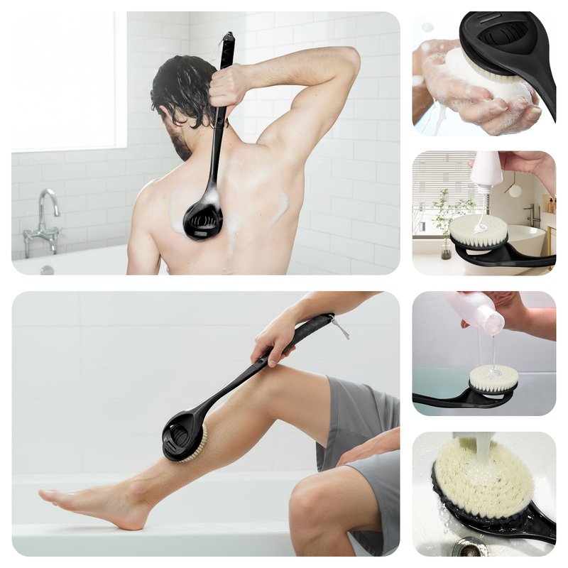 Back Scrubber for Shower, 20.4” Long Handle Shower Back Brush with Removable Soft Bristle Head, Non-Slip Bath Brush for Body, Deep Exfoliating Back Washer for Men & Women