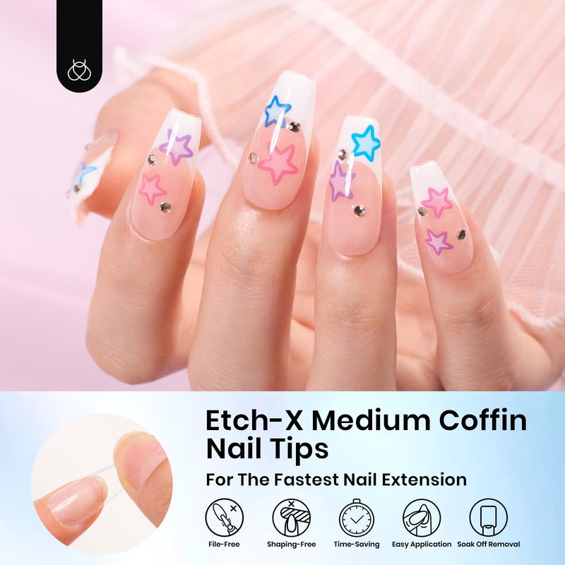 Beetles Gel Nail Tips 288 Pcs Medium Coffin Etch X Nail Tips 12 Sizes Half Matte Press On Nails Full Cover False Nails for Nail Extensions Friendly for Beginner Women