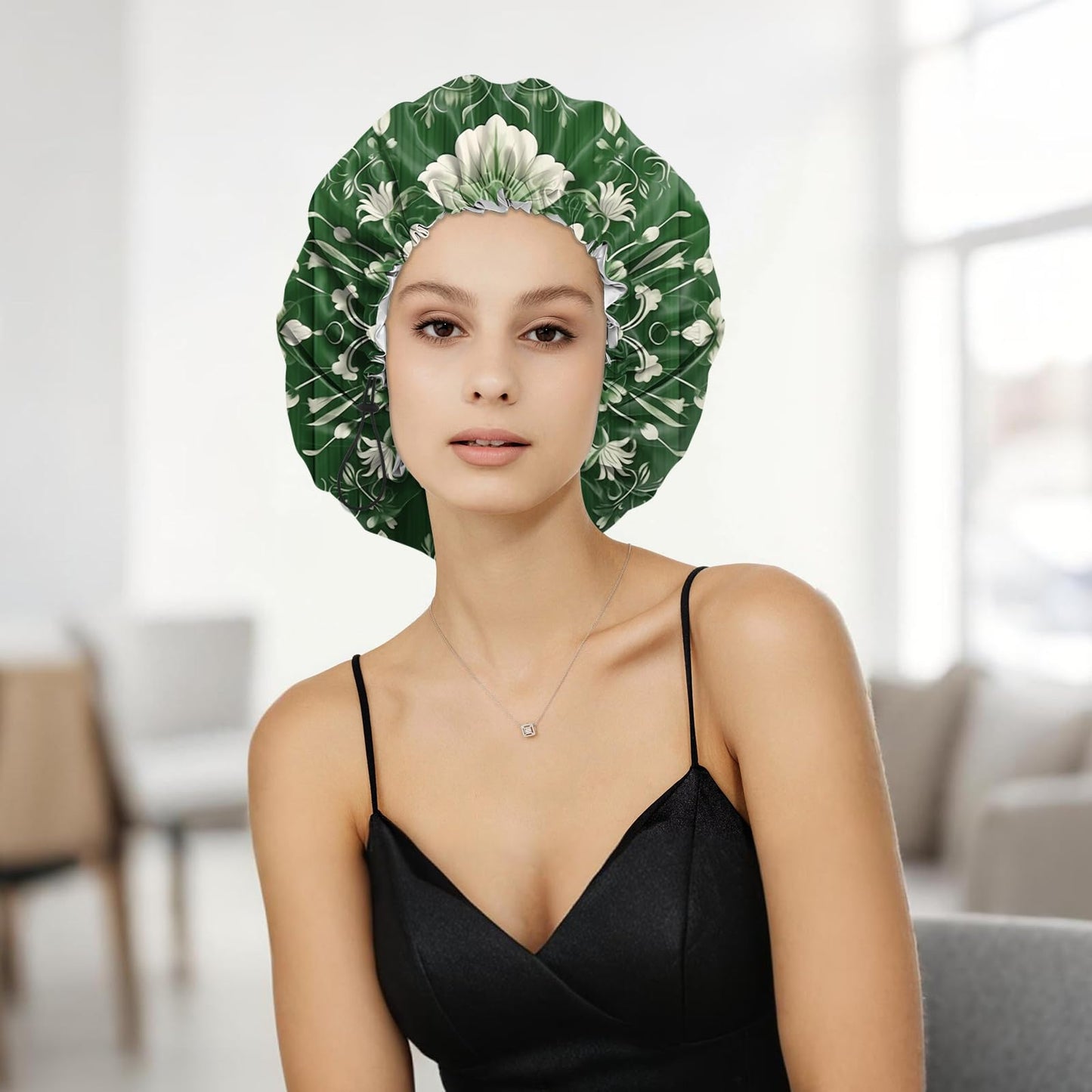 Zewurtuw Shower Cap Adjustable Waterproof Double Layer Elastic Reusable Hair Bath Cap Cute Aesthetic for Women Girls-Green Flower