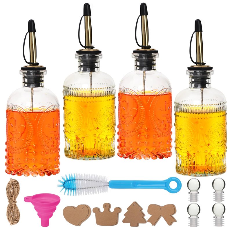 7oz Glass Coffee Syrup Dispenser, 4-Pack Complete Set with Funnel, Brush, Stoppers & Accessories - Syrup Bottles for Coffee Bar with Metal Pour Spout, Ideal for Maple,Oil, Vinegar,Cooking wine