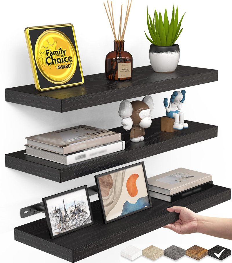 BAYKA Floating Shelves for Wall, Wall Mounted Rustic Wood Shelves for Bathroom, Bedroom, Living Room, Kitchen, Hanging Shelf for Books/Storage/Room Decor with 22lbs Capacity (Black, Set of 3, 15.7in)