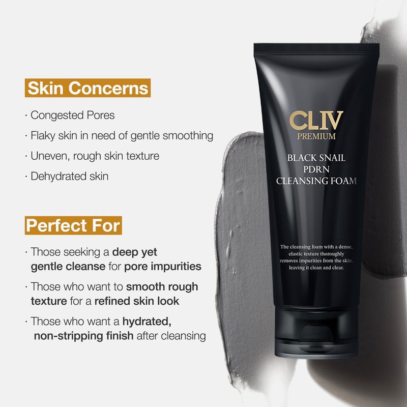 CLIV Black Snail PDRN Cleansing Foam - Hydrating Pore Cleanser with 7,000ppm Charcoal & Glutathione | 4.05 fl oz (120ml)