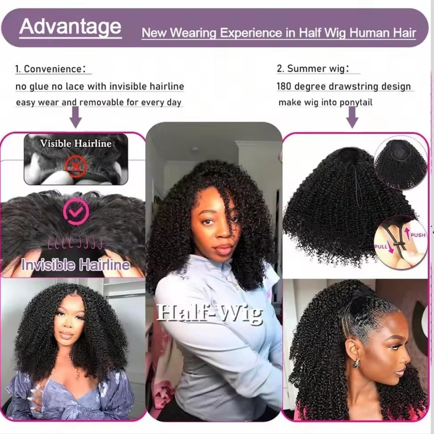 VIPbeauty Kinky Curly Half Wig Human Hair 200 Density 3 In 1 Seamless Flip Over Glueless Wear and Go Beginner Friendly Burmese Curly Half Wig Human Hair Drawstring Headband 26 Inch