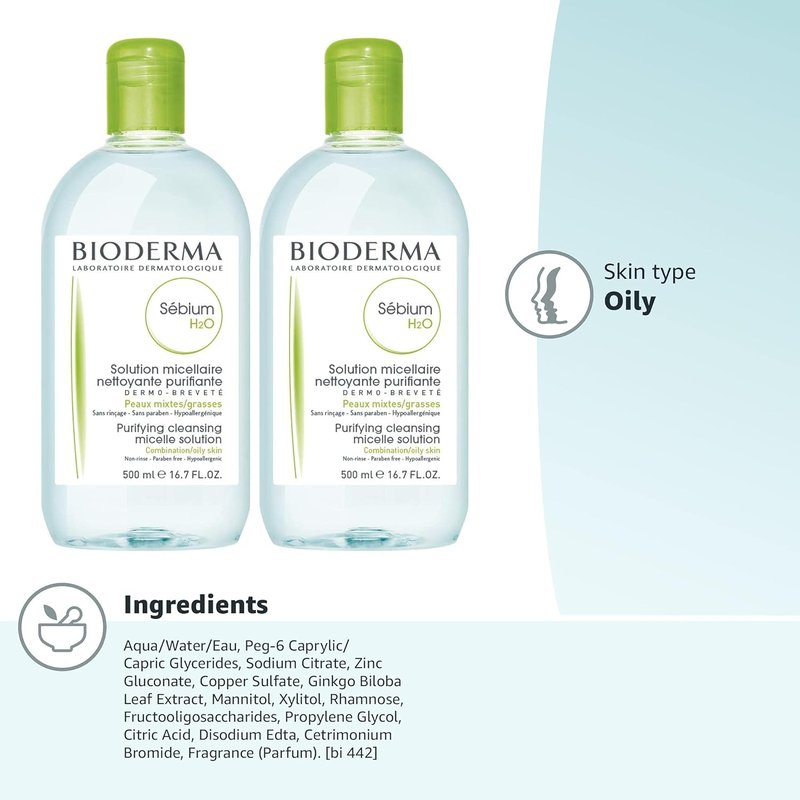 Bioderma Sébium H2O Micellar Water - Facial Cleanser & Makeup Remover for Oily Skin | 500ml