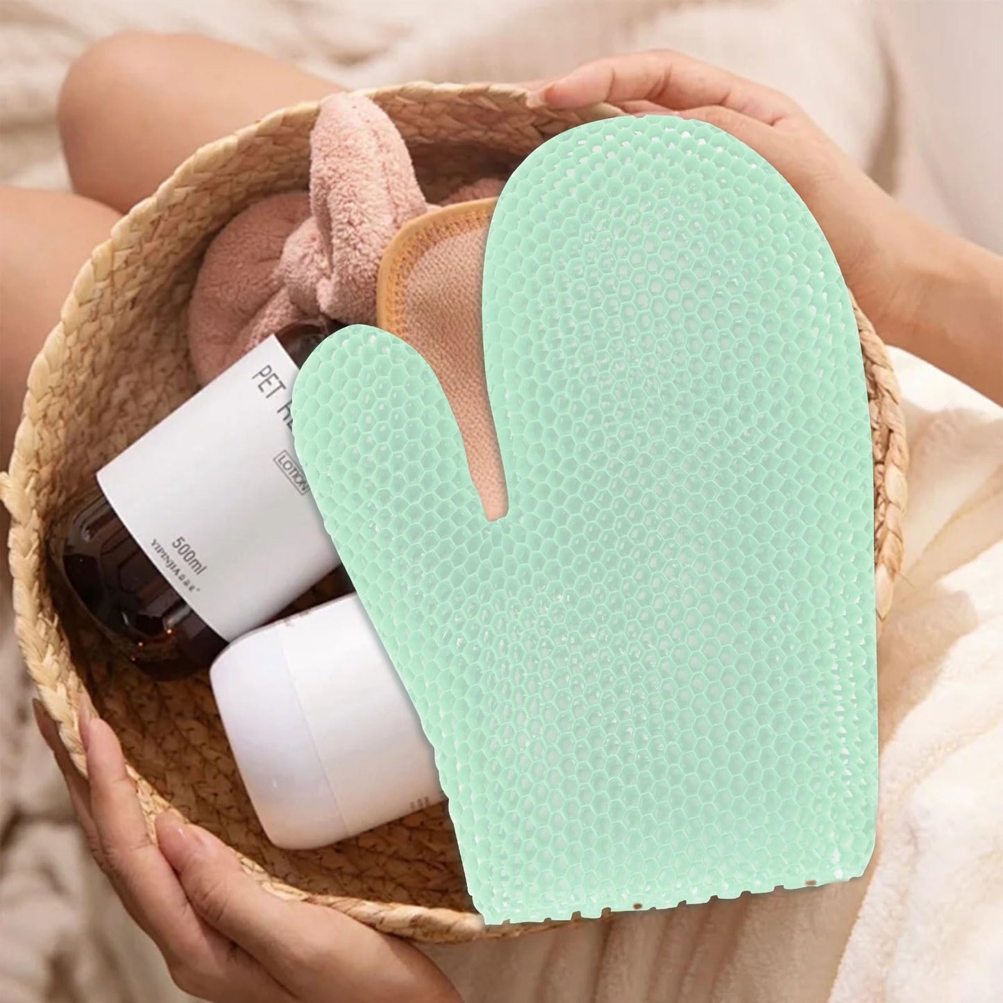 Honeycomb Exfoliating Bath Gloves - Microfiber for Enhanced Blood Circulation & Soft, Smooth Skin for All Skin Types (Green - Glove)