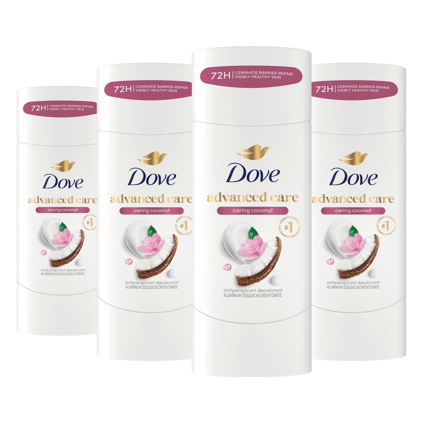 Dove Advanced Care Antiperspirant Deodorant Stick Caring Coconut 4 ct for helping your skin barrier repair after shaving 72-hour odor control and sweat protection with Pro-Ceramide Technology 2.6 oz