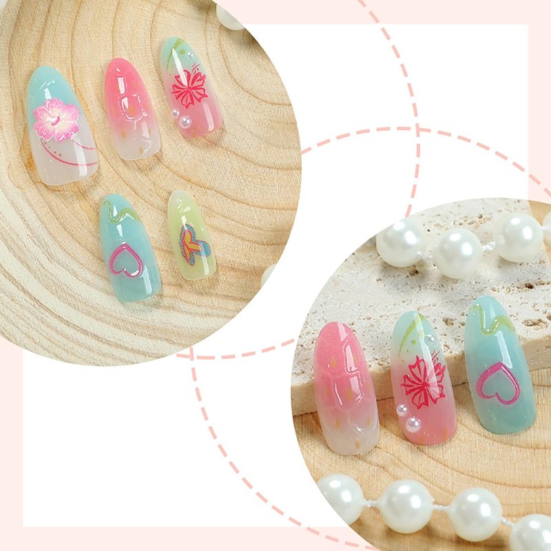NZRAESTRS 30Pcs Summer Press on Nails Medium Almond Fake Nails with 3D Starfish Designs, 30pcs Beach Press on Nails, 1pc Nail File, 24pcs Nail Jelly Stickers, 1pc Wooden Stick