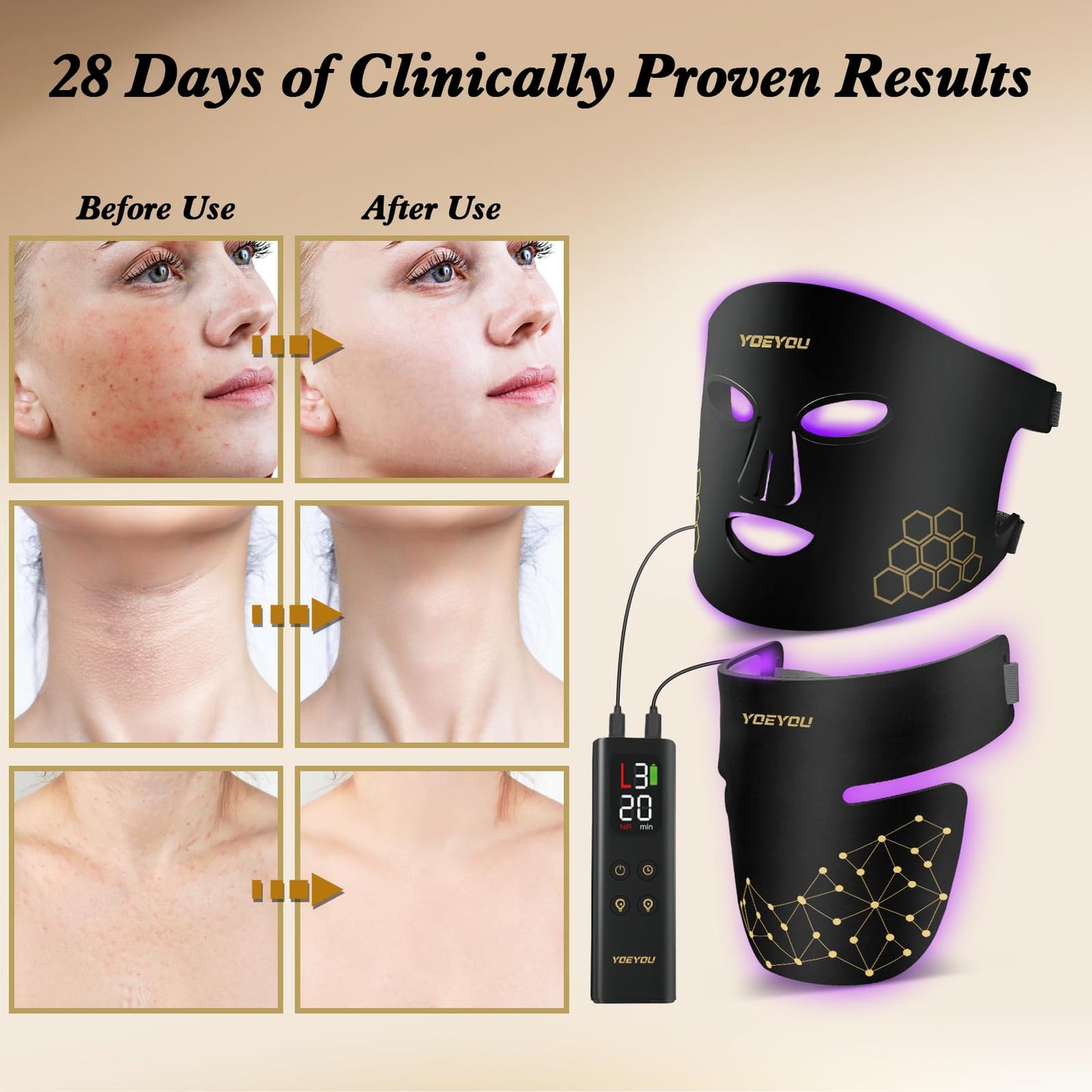 YOEYOU Red Light Therapy for Face and Neck, 850nm Infrared & Red Light Mask, 4 Modes LED Face Mask Light Therapy with Neck Masks, 2600mAh Rechargeable Portable Skincare Device at Home & Travel