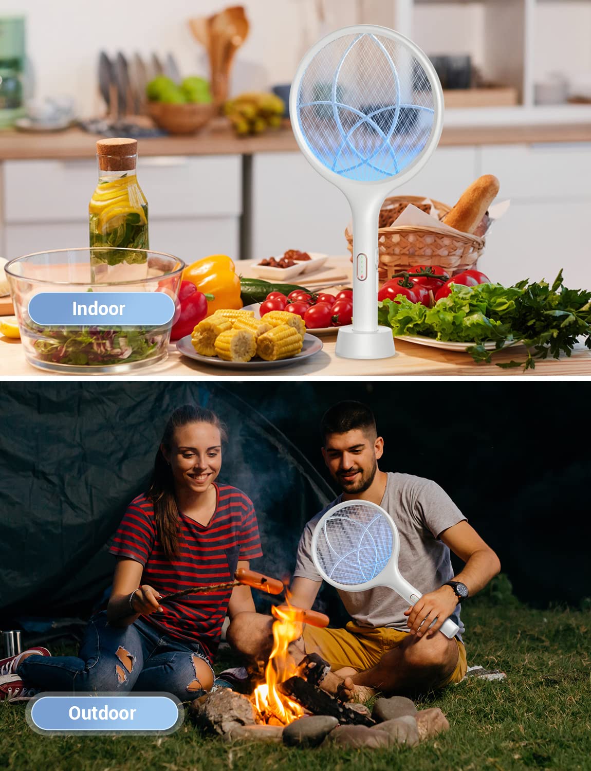 YISSVIC Electric Fly Swatter 4000V Bug Zapper Racket Dual Modes Mosquito Killer with Purple Mosquito Light Rechargeable for Indoor Home Office Backyard Patio Camping (2, White)
