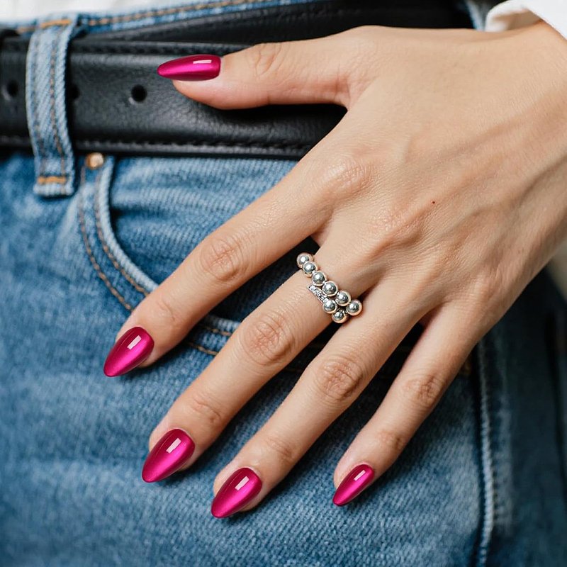 Cat Eye Press-On Nails - Short Hot Pink Almond Shape | 30 Reusable Glossy Fake Nails with Glue & Remover