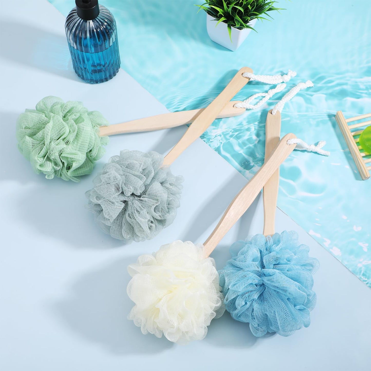 12 Pcs Loofah Back Scrubber with Long Handle, Shower Brush with Soft PE Mesh, 4 Colors Body Bath Sponge for Men and Women Spa