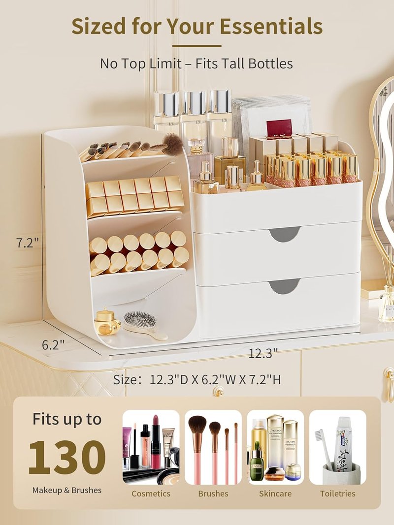 Makeup Organizer - Vanity Cosmetic Display Case with Drawers | White Bathroom Storage Caddy for Skincare & Beauty Tools