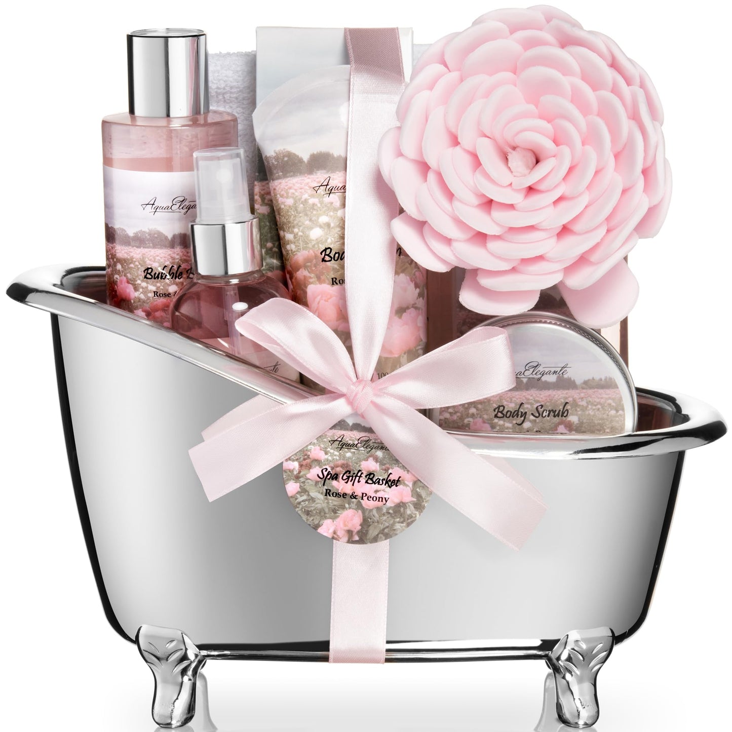 Aqua Elegante Spa Gift Basket - Luxury Bath Set with Body Wash, Bubble Bath, Lotion, Salts, Scrub, Spray, Shower Puff, Towel, Gifts for Women, Mom, Wife, Her - Rose Oil & Peony