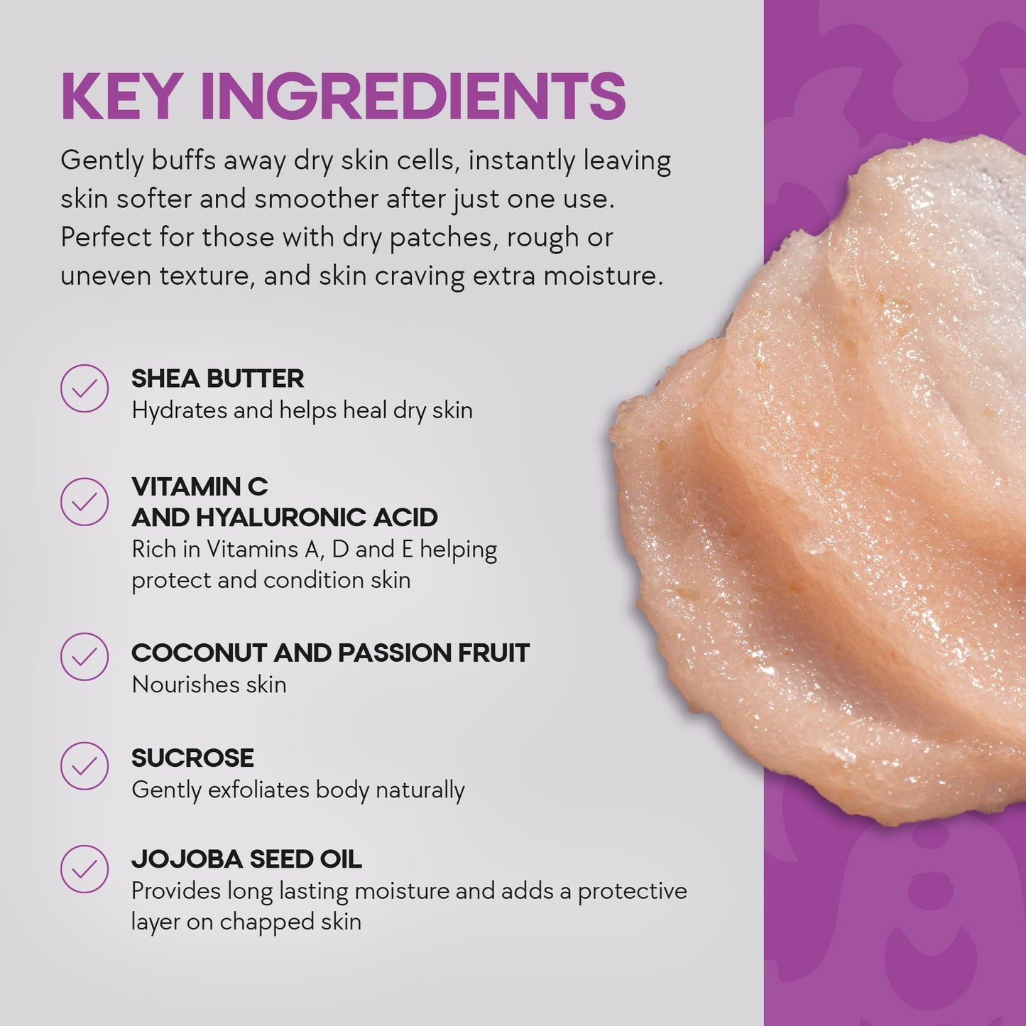 Dermasuri - Exfoliating Sugar Scrub - Body Scrubber for Men & Women - Exfoliates & Removes Dead, Dry Skin for a Soft & Radiant Glow - Deep Hydration & Moisture - Coconut Passion Fruit
