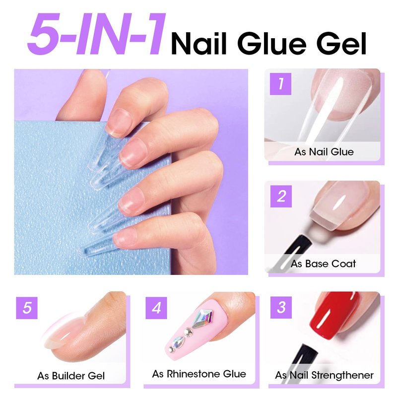 Gellen 5 in 1 Nail Glue for Nail Tips, 15ML Curing Needed UV Glue Gel for Clear Press on & Acrylic Nails, 28+ Days Long Lasting Adhesive Gel, DIY Home Salon Manicure