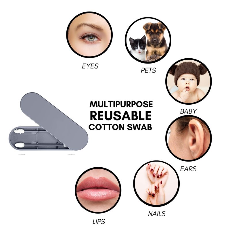 Portable and Reusable: Double-Tipped Silicone Swabs – for Cleanable Ear Care, Makeup, and Travel Essentials (Grey)