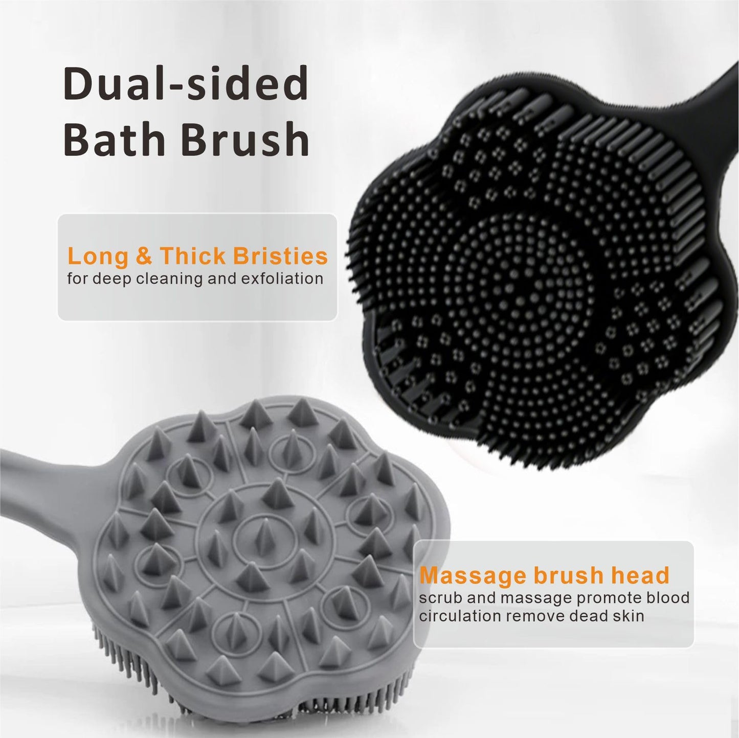 Back Body Scrubber & Face Scrubber for Shower - 15 Inch Long Handle Double Sided Silicone Body Brush for Exfoliation & Massage, Soft Facial Cleansing Brush, Rich Lathering for Deep Cleansing (Gray)