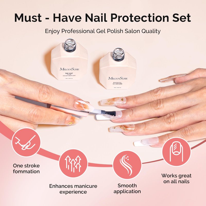 MelodySusie 2PCS 15ML Clear Builder Nail Base Gel & Top Coat Set, Shine Finish and Long Lasting, for Nails Thickening Apex Building, UV Extension Gel for Nail Art Design Salon DIY Manicure at Home