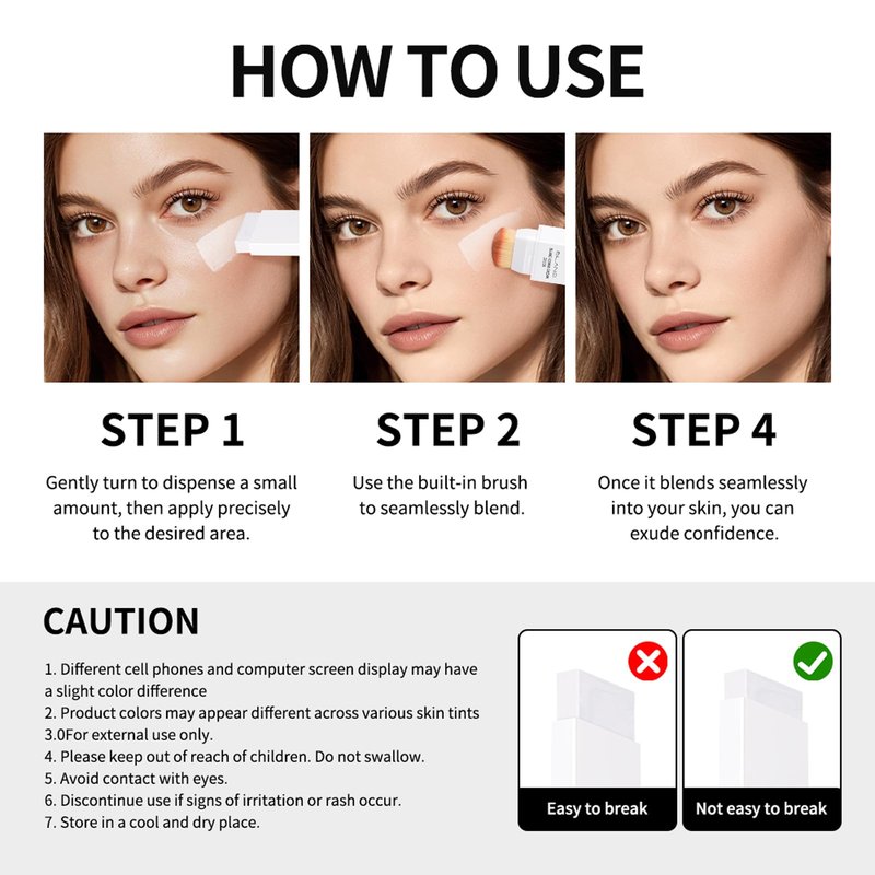 Color-Changing Cream Foundation Stick with Skincare Formula – Medium to Full Coverage, Dewy & Glowy Finish, Dual-Ended with Detachable Brush for Seamless Blend (#3 Natural)