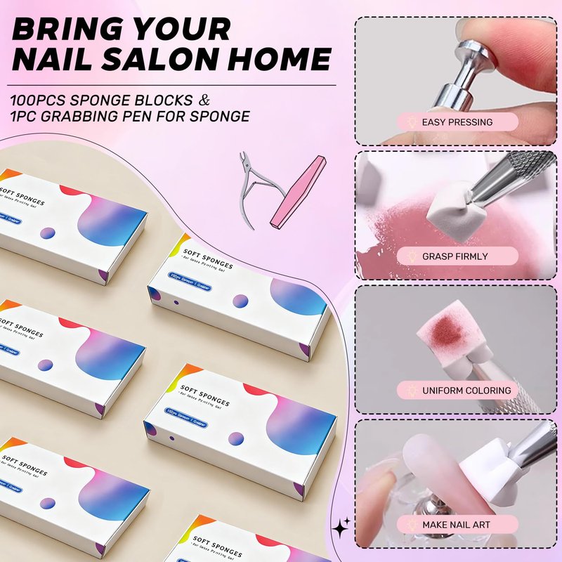 Karroy 100Pcs Soft Sponges for Ombre Painting Gel with Grabber, Professional Accessories for Ombre Gradient Painting Nail Gel Kit, Manicure DIY Tools (100PCS Sponges & Grabber)
