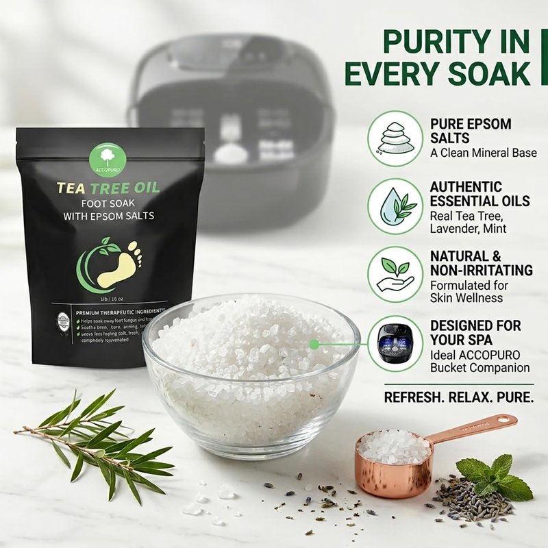 ACCOPURO Tea Tree Oil Foot Soak with Epsom Salt for Athletes Foot & Odor, 1lb - Natural Soothing Foot Bath for Dry Cracked Feet, Toenail Fungus Support, Callus & Sore Muscle Relief - 16 oz