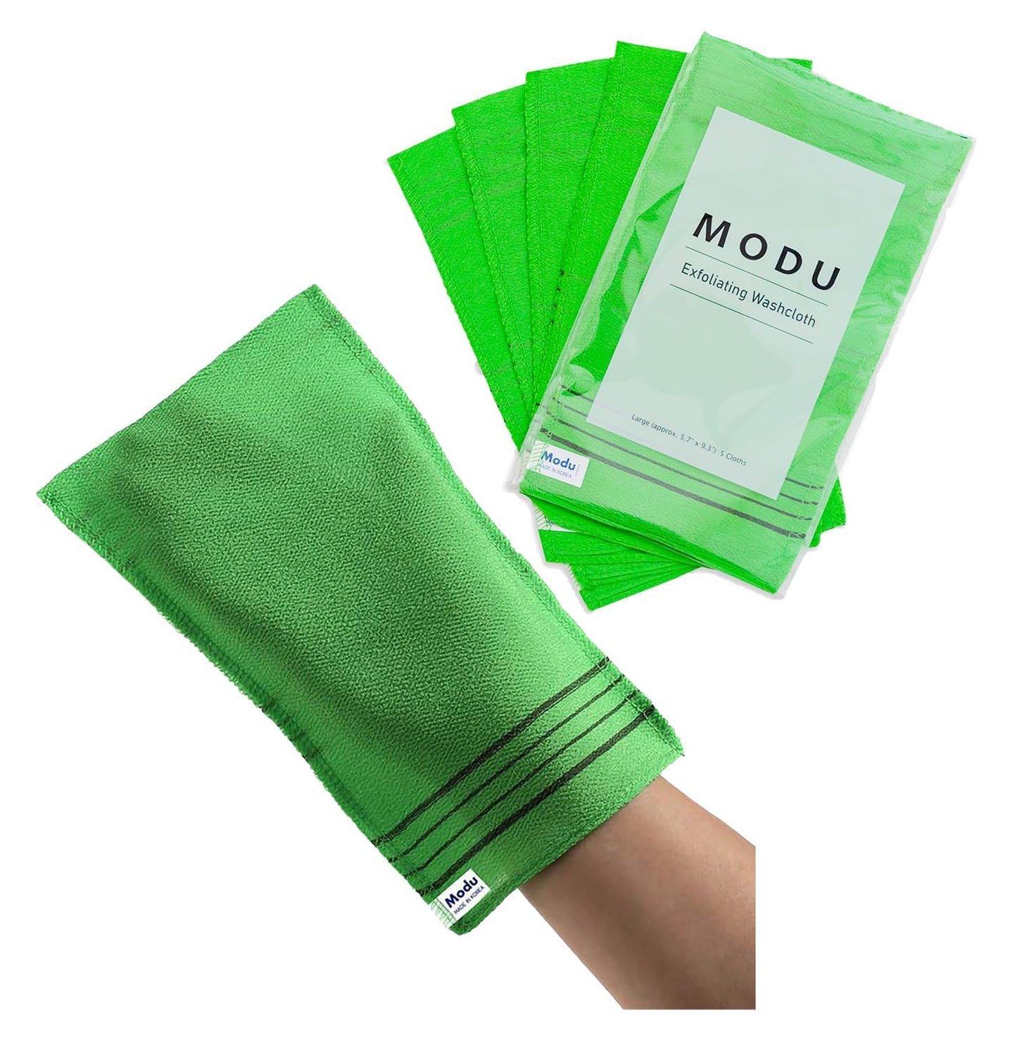 Modu Korean Exfoliating Mitts Large 5PCS (Green) – Exfoliating Gloves Body Scrubber Italy Towel Washcloth for Korean Spa at Home, Dead Skin Remover, 100% Vegan Viscose