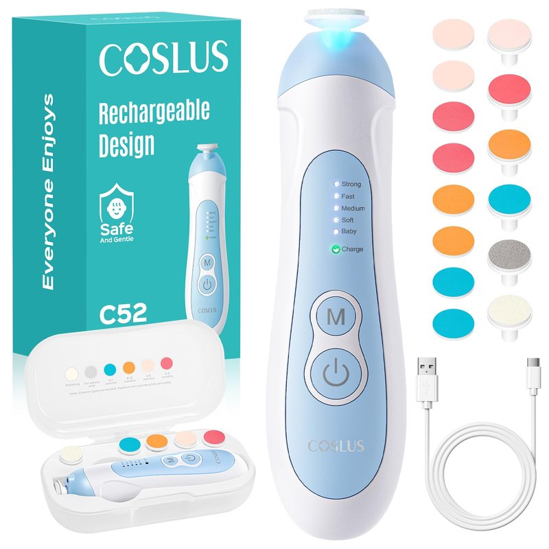 COSLUS C52 Rechargeable Baby Nail File: Cordless Baby Nail Trimmer Electric, Baby Nail Clipper with 5 Speeds & 6 Grinding Heads for Baby Kid, CPC Certified & Quiet Design - Safe for Sleep Trim, Blue