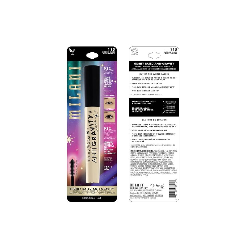 Milani Mascara - Volume & Length Anti-Gravity Black Shade with Castor Oil | Hourglass Wand Design