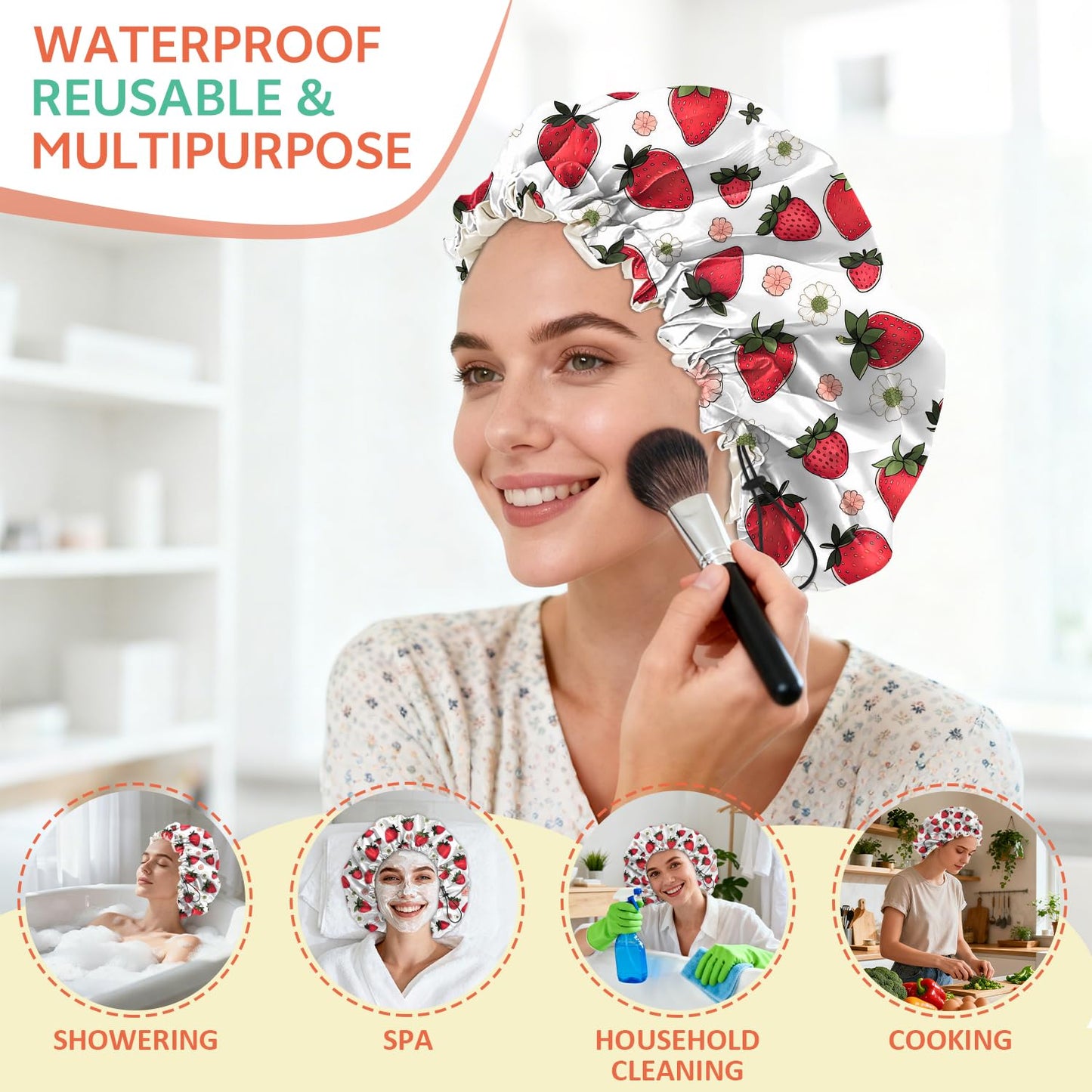 BHAHB Shower Cap Reusable Double Layer Adjustable Elastic Waterproof EVA Hair Bath Caps for Women Girls Cute Aesthetic-Strawberry