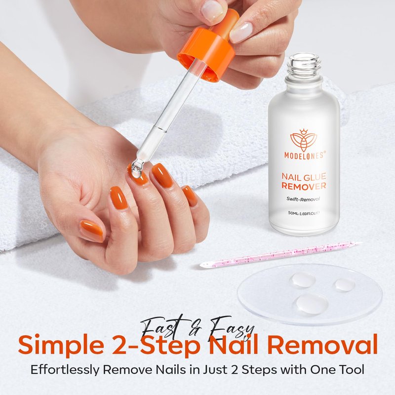 Modelones 50 ML Nail Glue Remover for Base Coat Press On Nails, Upgrade Clear Stick On Nails Remover for Acrylic Tips, Nail Polish Remover with Wood Stick