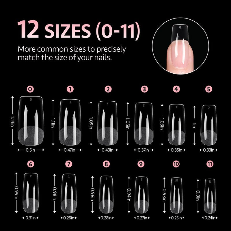 GAOY Medium Square Fake Gel Nail Tips, 12 Sizes False Full Cover Acrylic Press on Nails, 240Pcs Soft Half Matte Tips