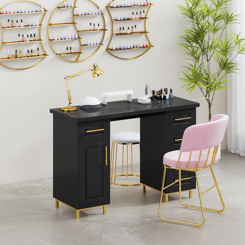 Black and Gold Nail Tech Desk - 43 Inch Manicure Table with 5 Drawers & Storage for Beauty Salons | Wooden Salon Spa Furniture