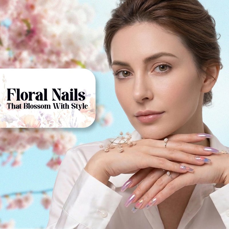 Profusion Cosmetics Petal Perfect 28PC Press on Nails Medium Coffin Fake Nails, Glossy False Nails with Pink, Chrome & Floral Designs, Reusable Coffin Nails with Glue Tabs