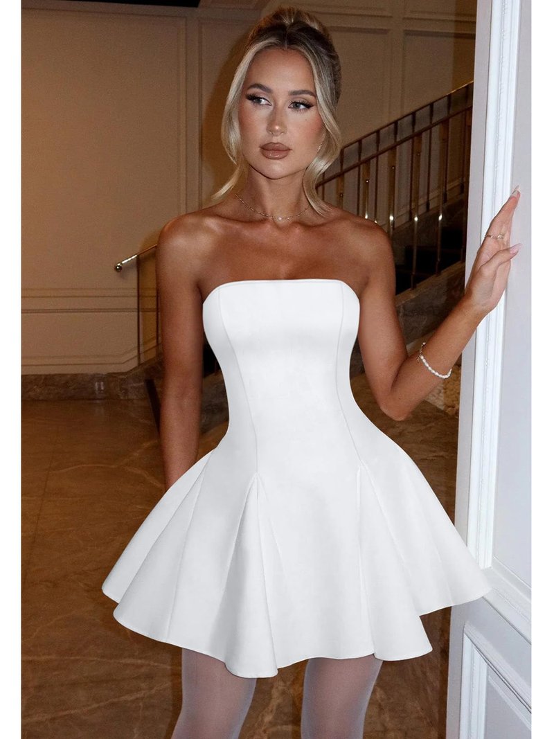 DAAWENXI Women's Sexy Summer Strapless Mini Dress Homecoming Off Shoulder Sleeveless Party Club Short Dresses White