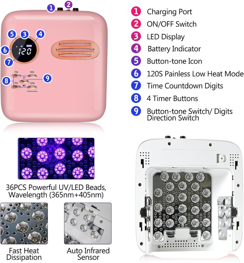 Cordless UV LED Nail Lamp - 72W Rechargeable Gel Nail Dryer with Patented Replaceable Light Board - Extra Spare Panel Included - Professional Wireless Curing Lamp for All Gels & Salon