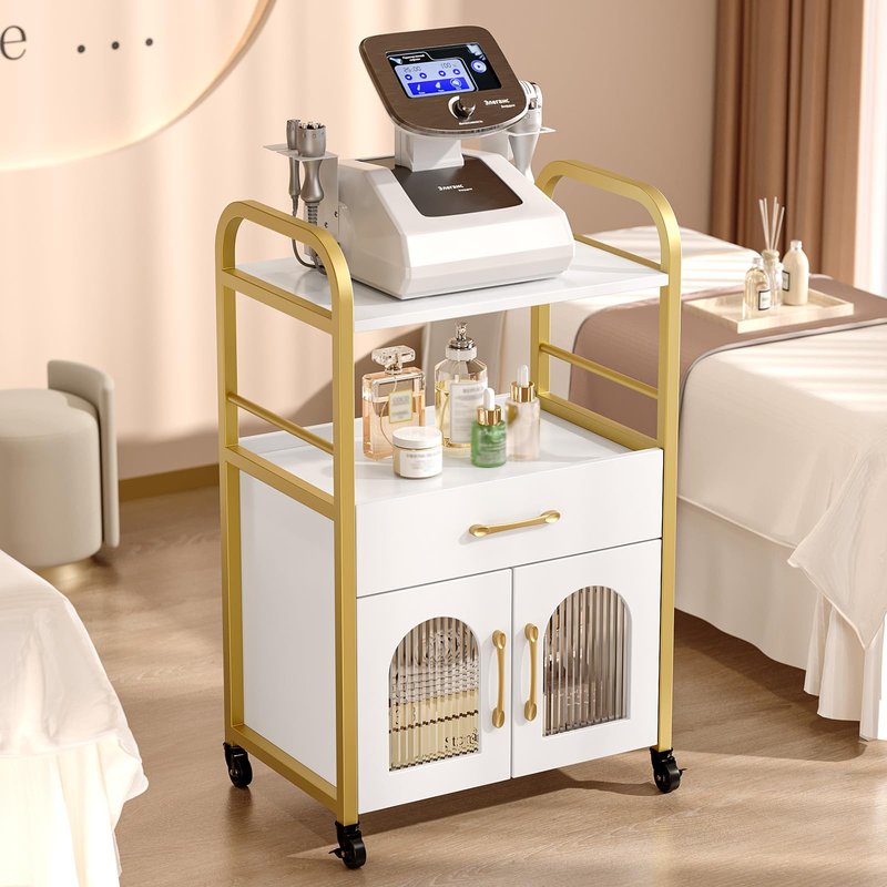 OmySalon Salon Trolley Cart, Esthetician Cart with Drawer & Tray, Hair Styling Station, Lockable Wheels Mobile Storage Cabinet for Beauty Spa Massage Esthetic, White Gold