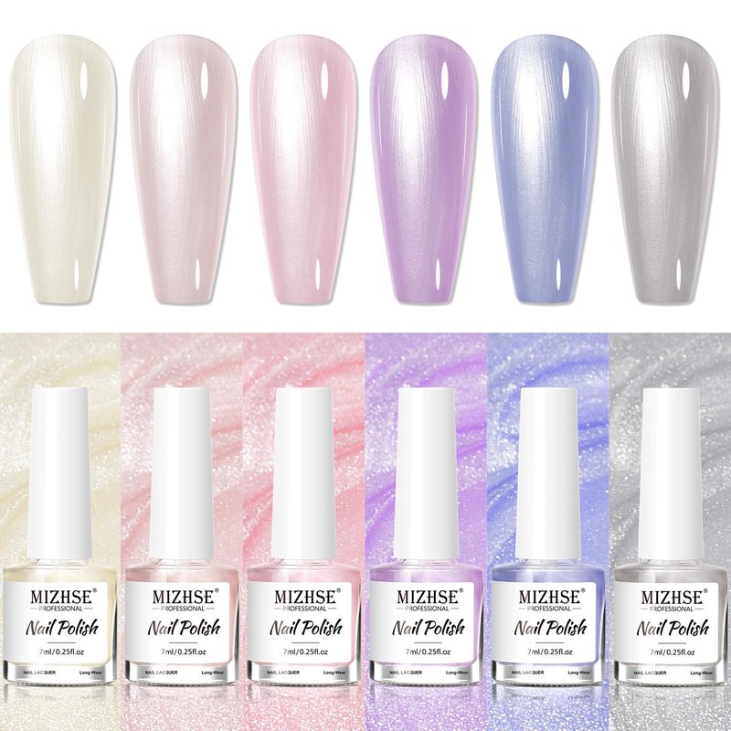 MIZHSE Pearlescent Nail Polish Set, 6 Colors Quick Dry Pearl Nail Polish, Air Fast Drying Nail Lacquer Non Gel Oil-based Pink Purple Blue Gray Nail Art Manicure Home DIY Gift for Women