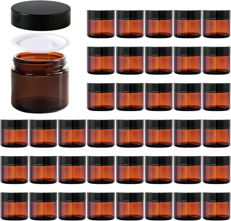 11 Hoa Kinh Amber Glass Jars - 2oz Round Airtight Cosmetic Containers with Black Lids | 40 Pack
